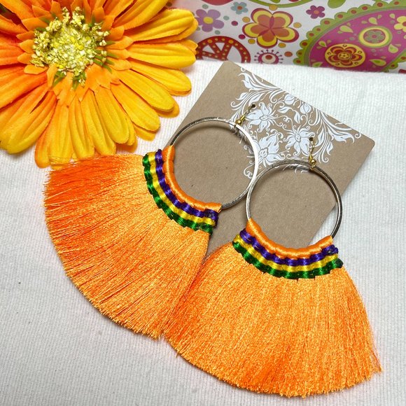 Large Fan Tassel Earrings Orange Hoops Long Smooth Silky Fringe Drop Dangles NWT - Picture 2 of 5